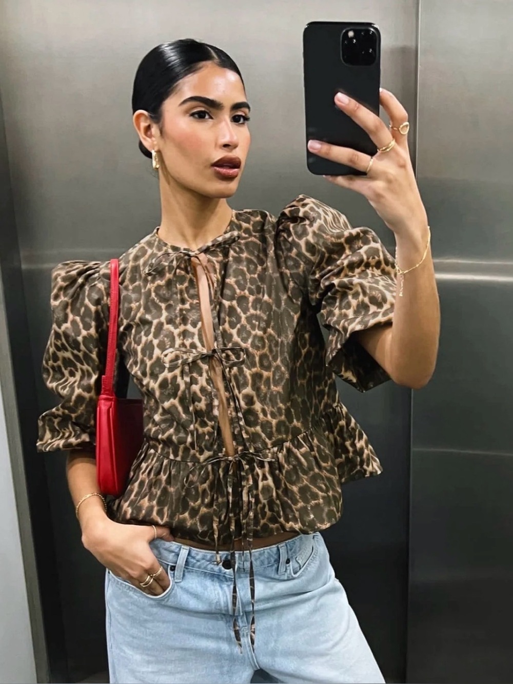 Daisy Street Leopard Print Tie-Front V-Neck Blouse — Brown/Black